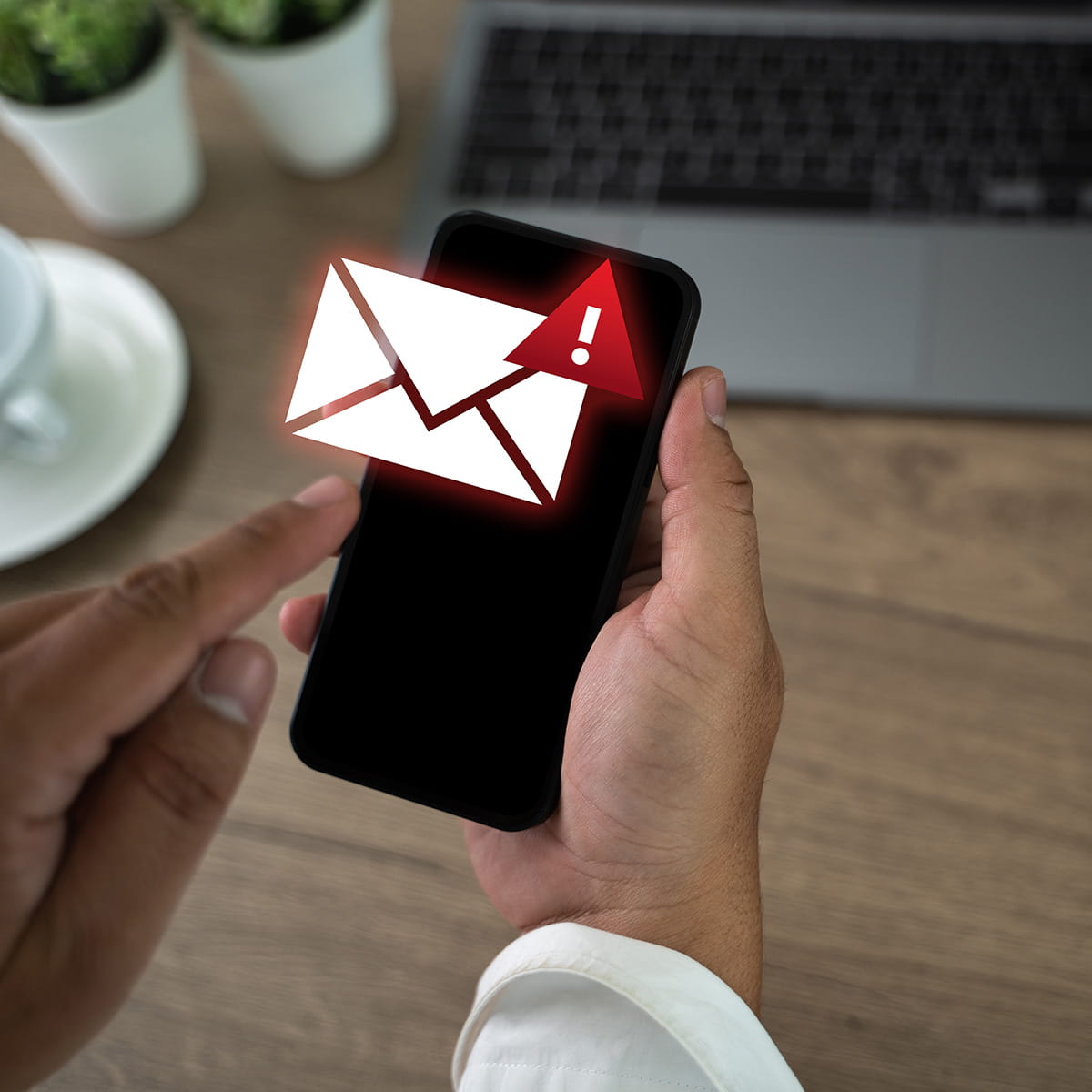 Hand hält ein Smartphone mit E-Mail-Symbolen und rotem Warnzeichen